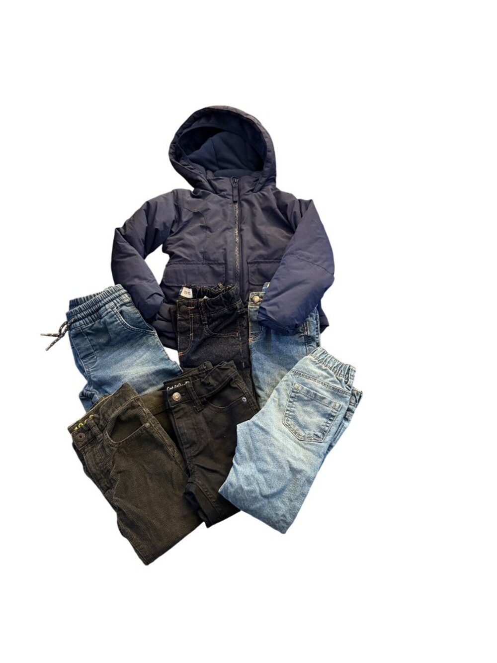 Kids Winter Bundle: Navy Hooded Jacket & 6 Pairs Of Pants Size 4T